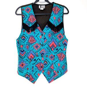 Vintage 1990s Southwest Print Fringe Trim Vest